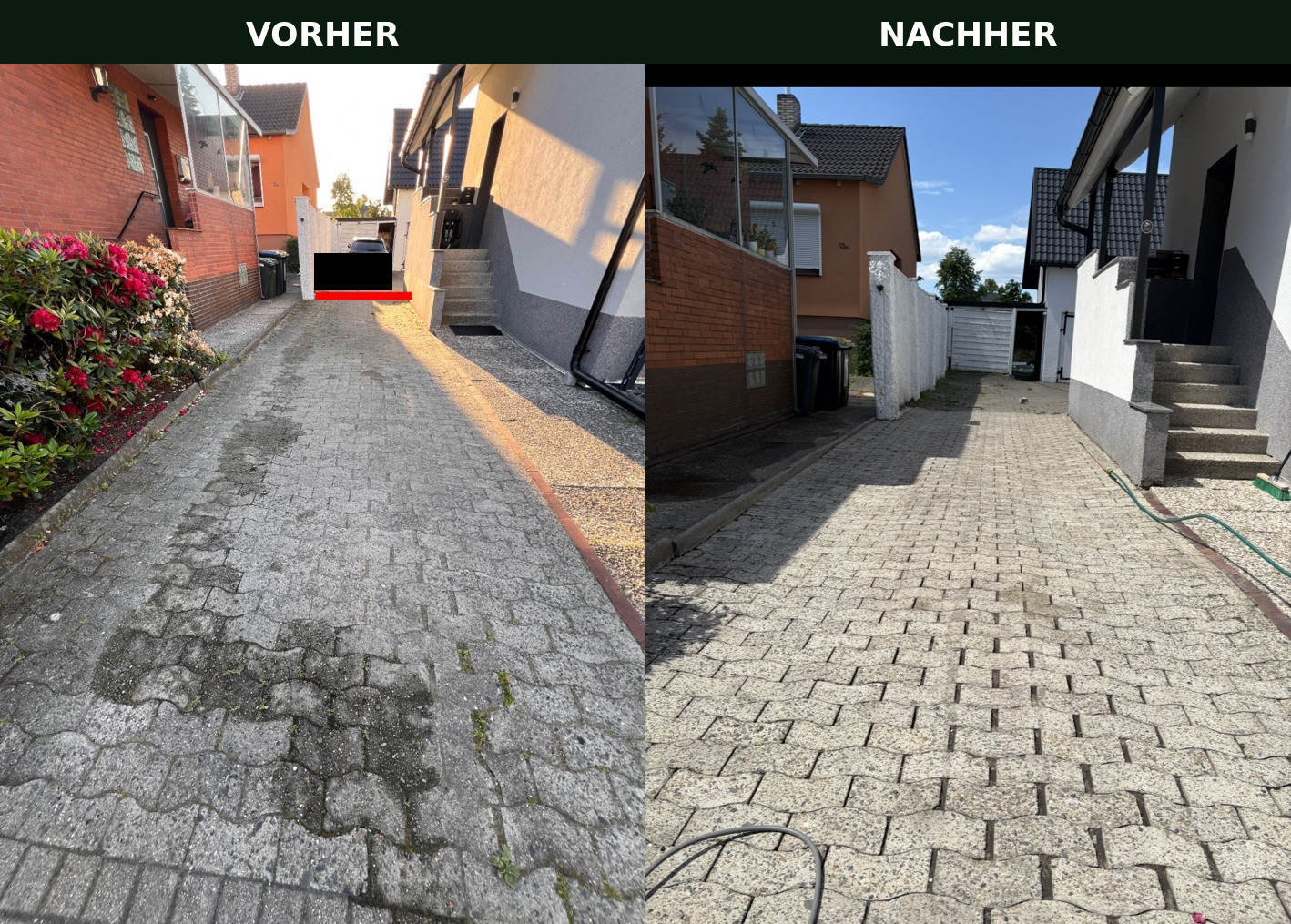 Vorher-Nachher Vergleich einer gereinigten Einfahrt, Kennzeichen unkenntlich gemacht